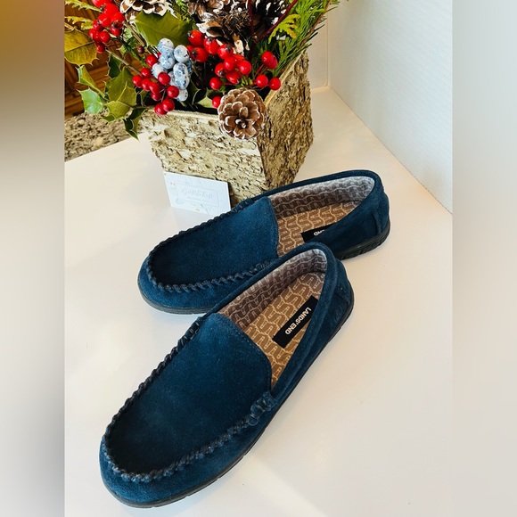 LAND’s END Men’s Moccasin Slippers Lined Printed Flannel Navy Blue Size 8B - Picture 12 of 12